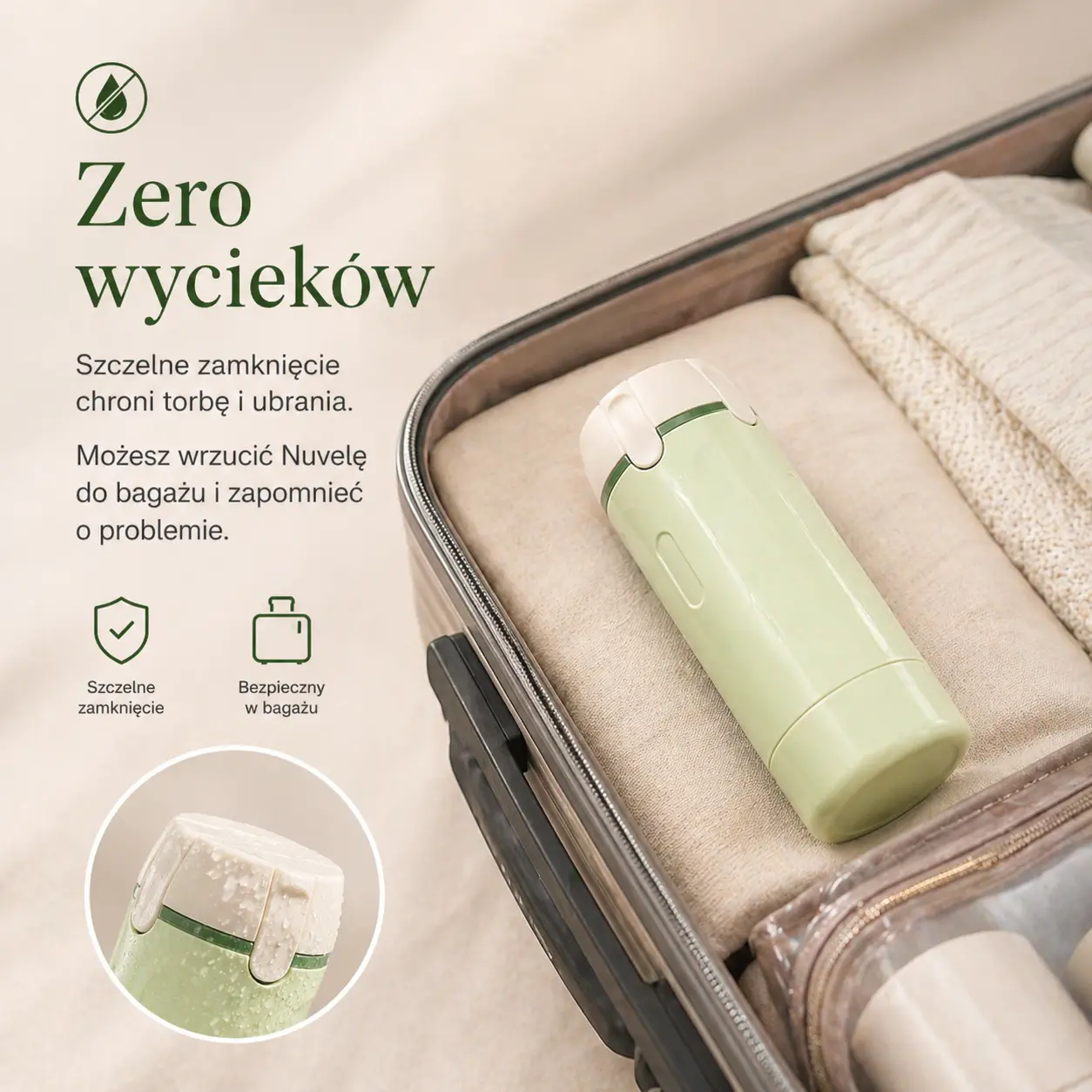 Zero wycieków — butelka w torbie